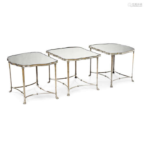 A Set of Three Neoclassical Style Mirror Top Silvered Metal tables  20th/21st century