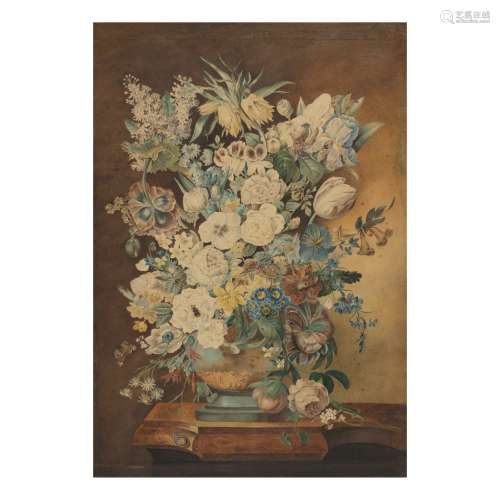 CONTINENTAL SCHOOL, 19TH CENTURY | VASE OF FLOWERS ON A MARBLE LEDGE WITH A SNAIL AND A LIZARD