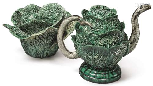 A PORTUGUESE MAJOLICA SNAKE AND CABBAGE-FORM TEAPOT AND COVER, LATE 19TH CENTURY