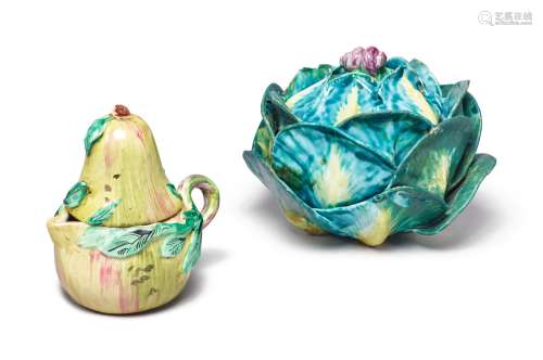 A HOLITSCH FAIENCE SMALL CABBAGE TUREEN AND COVER AND A CONTINENTAL FAIENCE PEAR-FORM JUG AND COVER, CIRCA 1770