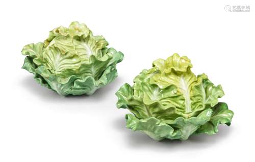 TWO MEISSEN LETTUCE-FORM BOXES AND COVERS, MID-19TH CENTURY