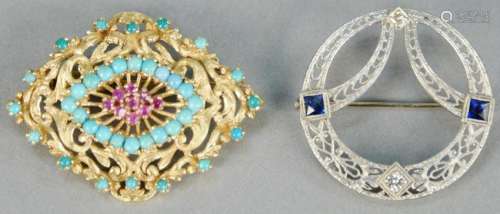 Two gold brooches, 14K white gold circle brooch with