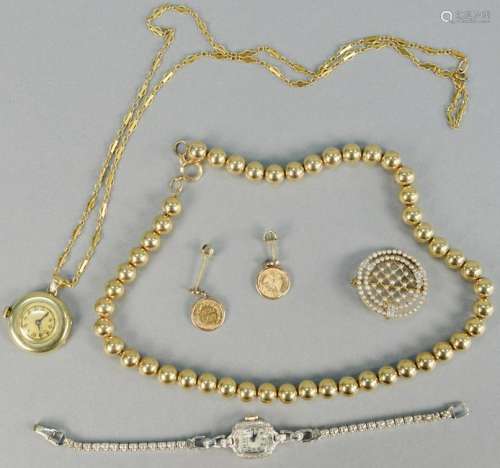 Gold lot, to include gold beads, two watches, one pin,