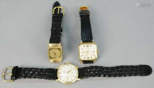 Three wrist watches, Glycine 14K gold wrist watch,