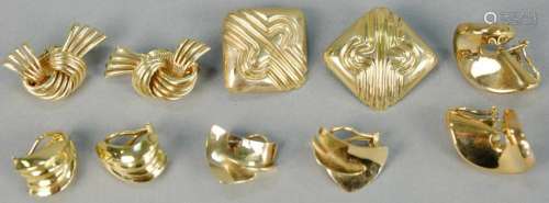 Five pairs of 14K gold earrings. 43.8 grams total