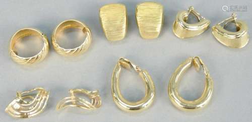 Five pairs of 14K gold earrings. 33.8 grams total