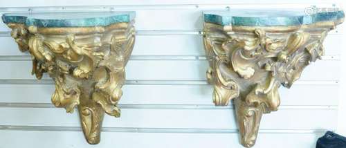 Pair of Italian carved wood hanging bracket shelves