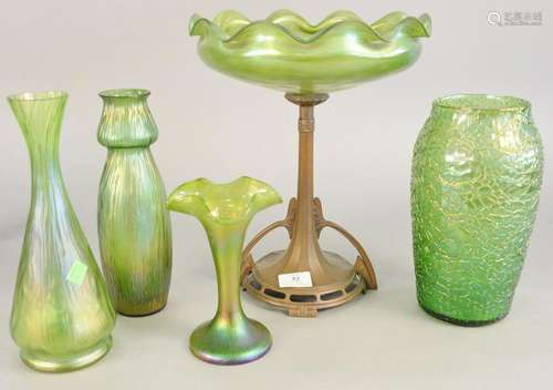 Five Loetz, Kralik art glass pieces, green iridescent v