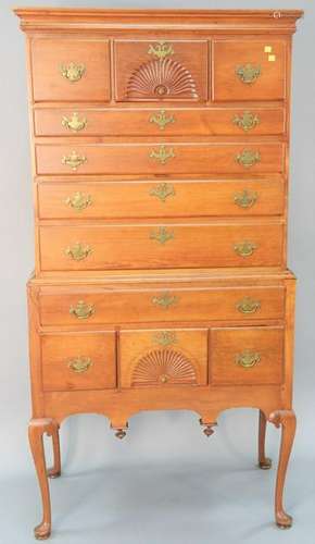 Queen Anne cherry flat top highboy, in two parts with