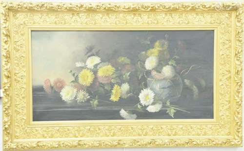 Large oil on canvas still life of flowers, unsigned, in