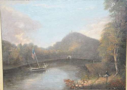 Artist unknown, oil on board, landscape with pond boat