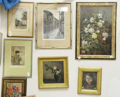 Seven framed pieces to include three still life of