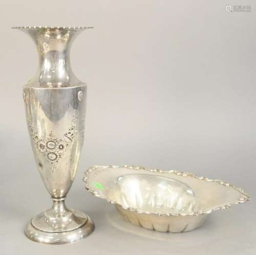 Sterling silver tall vase (ht.14 in.) and oval bowl
