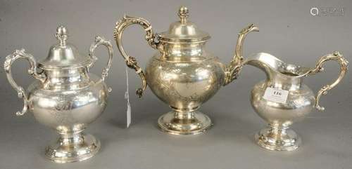 Continental silver three piece tea set, teapot ht. 9