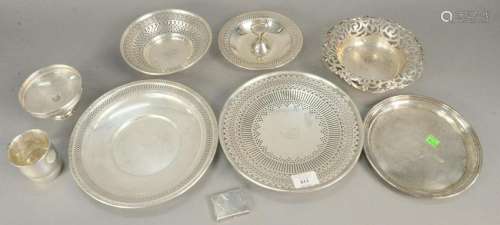 Nine piece sterling silver lot with plates and cups.
