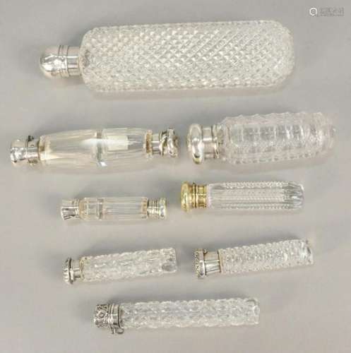 Set of eight crystal perfumes, with sterling silver