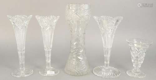 Five American Brilliant cut glass vases, three tulip