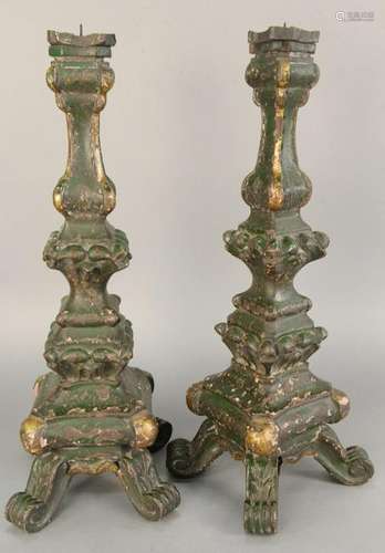 Pair of Venetian style carved parcel gilt green painted