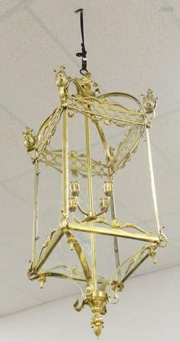 Pair of brass hall lights, missing seven of eight glass