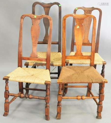 Four Queen Anne side chairs, each with rush seats over