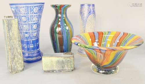 Six piece group to include, two blue cut to clear vases