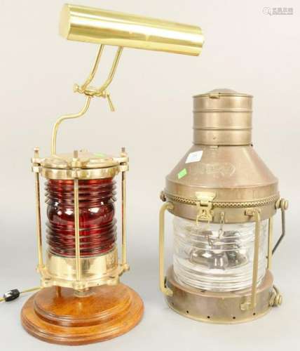 Two Brass Ships Lanterns, one with red glass mounted on