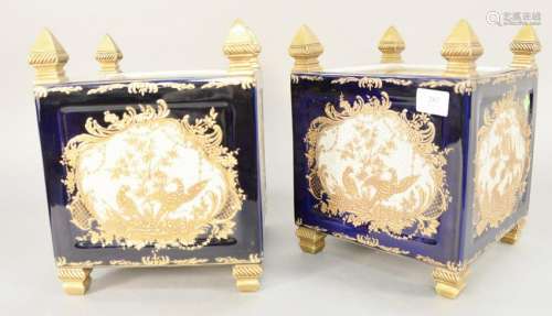 Pair of porcelain square planters with bronze finial