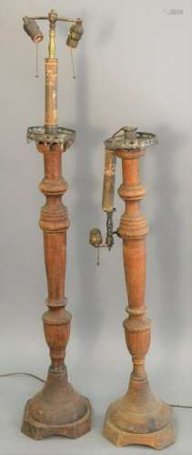 Pair of unusual wooden candlestick floor lamps. ht. 50