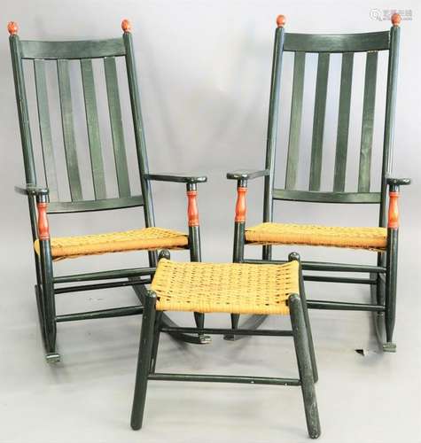 Pair of porch rockers, one with footstool and woven