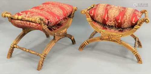 Pair of gilt curule ottomans, with custom cushions, ht.