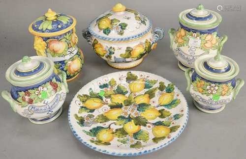 Six piece Majolica lot to include five covered pots.