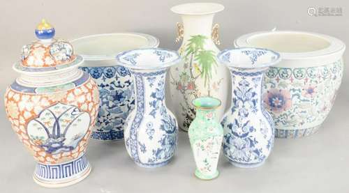 Seven Oriental pieces, Chinese porcelain vase, enameled