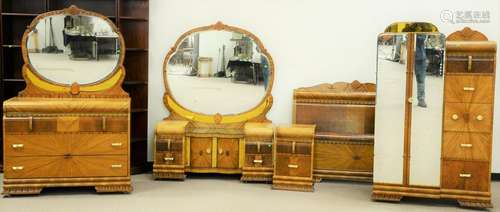 Six piece Waterfall bedroom set, with chest and mirror,