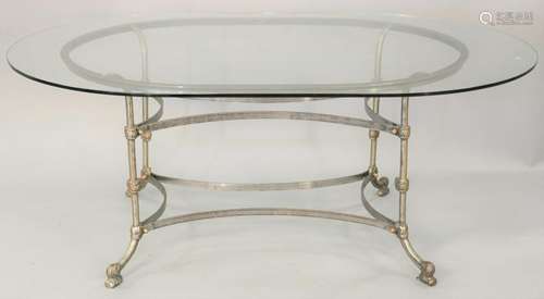 Custom French oval glass top table, with iron base. ht.