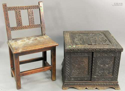 Two piece lot, to include carved lift top chest with