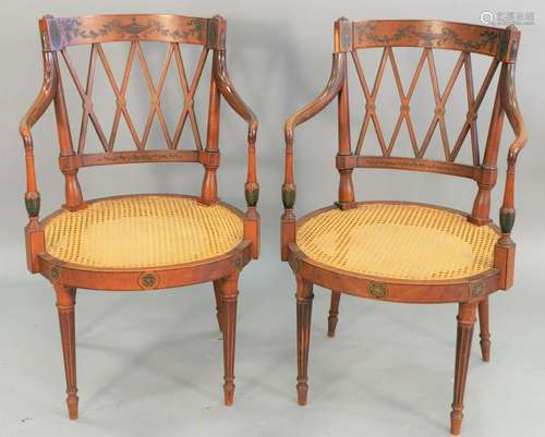 Pair of English painted and caned open armchairs, early