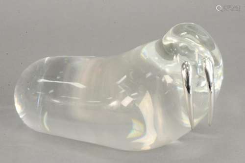 Large Steuben walrus, crystal figure with sterling