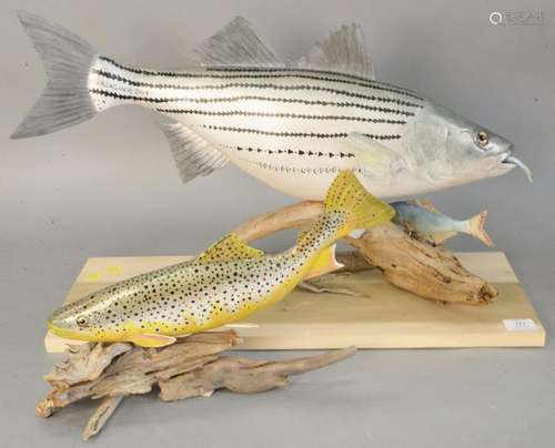 Two Gallagher carved and painted fish sculptures, brown