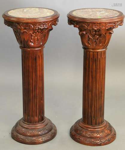 Pair of mahogany pedestals, with round insert marble