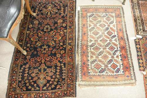 Six piece rug lot to include blue Sarouk Oriental throw