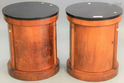 Pair of Baker round marble top stands, with doors. ht.