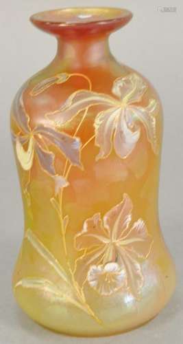 Art Glass Vase, gold iridescent having painted blooming