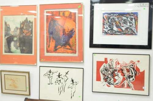 Six framed engravings and lithographs, pencil signed