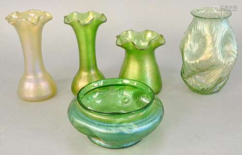 Group of five Art Glass vases, pinch form vase (with