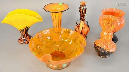 Six piece group to include, Czech art glass vase having