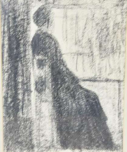 French school mixed media on paper of a seated figure,