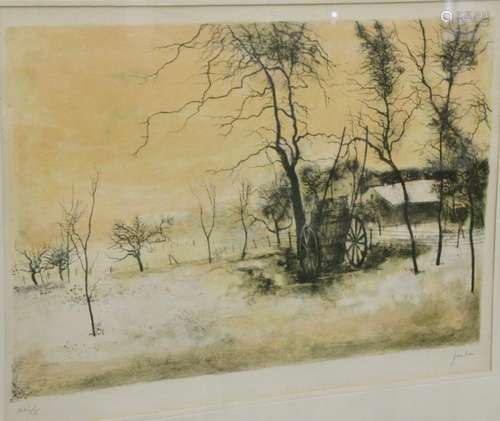 Bernard Ganter colored lithograph of a farm winter