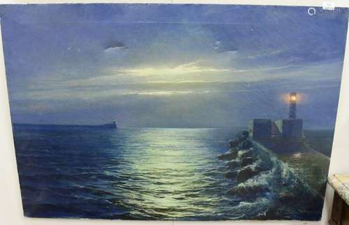 Moonlight Seascape, with lighthouse, oil on canvas,