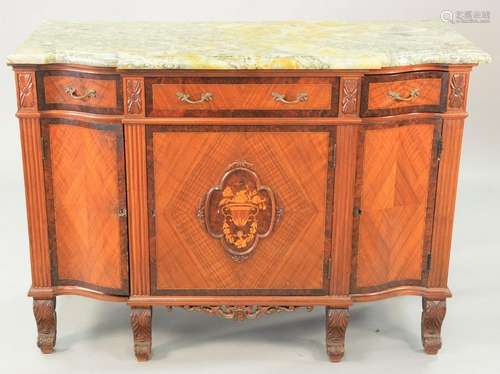 Inlaid marble top server having three drawers over thre