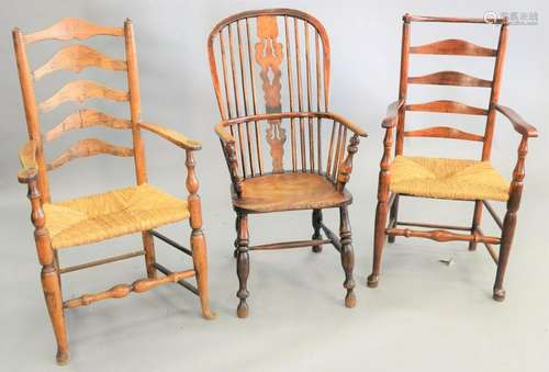 Three arm chairs, English Windsor, two Continental